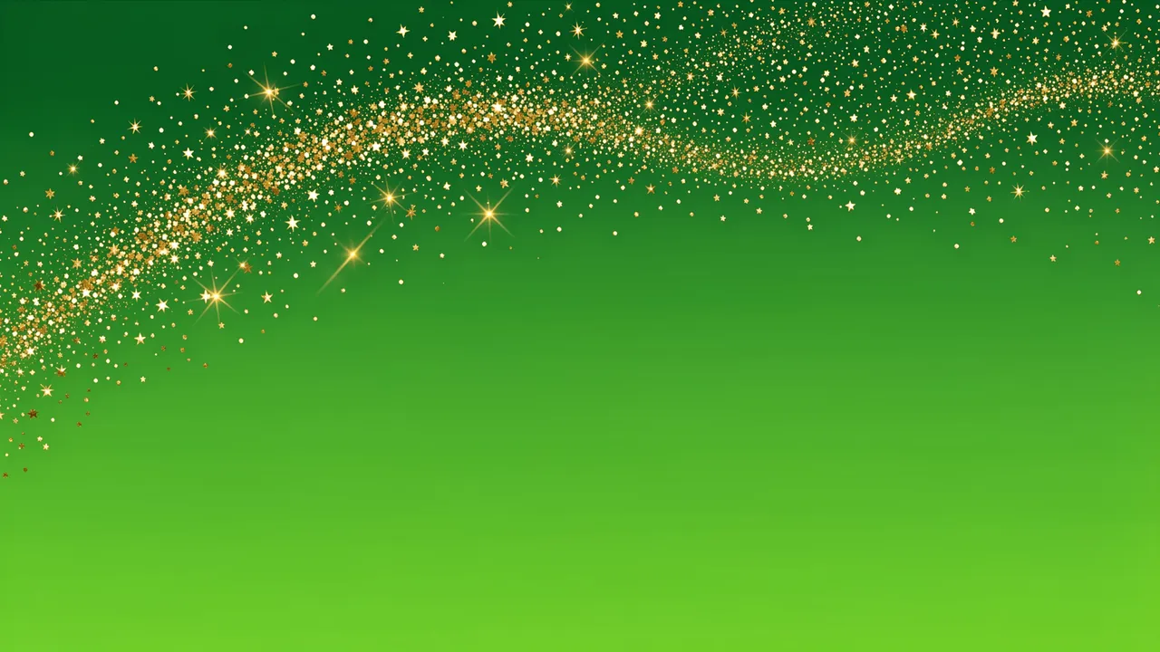Smooth emerald to lime green gradient background with a sweeping trail of gold sparkles across the top and empty copy space
