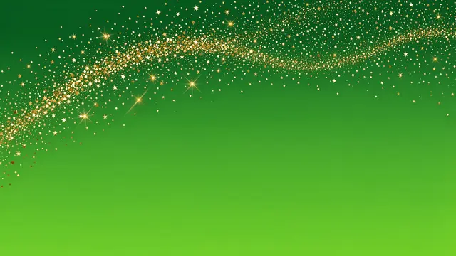 Smooth emerald to lime green gradient background with a sweeping trail of gold sparkles across the top and empty copy space