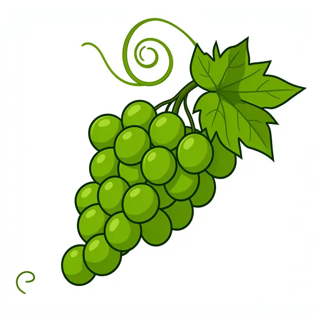 Flat cartoon illustration of a bunch of green grapes with a vine leaf on a plain white background