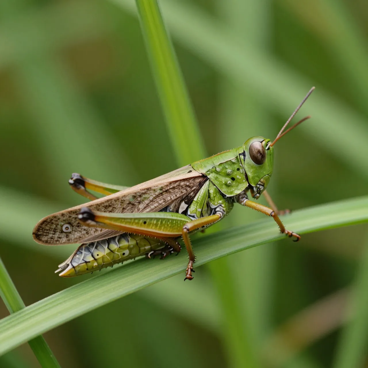 Close-up macro view of a green grasshopper perched on a slender grass stem against blurred foliage