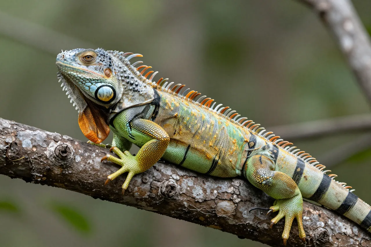 A colorful green iguana perches alert on a rough tree branch against blurred foliage.