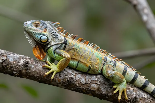 A colorful green iguana perches alert on a rough tree branch against blurred foliage.