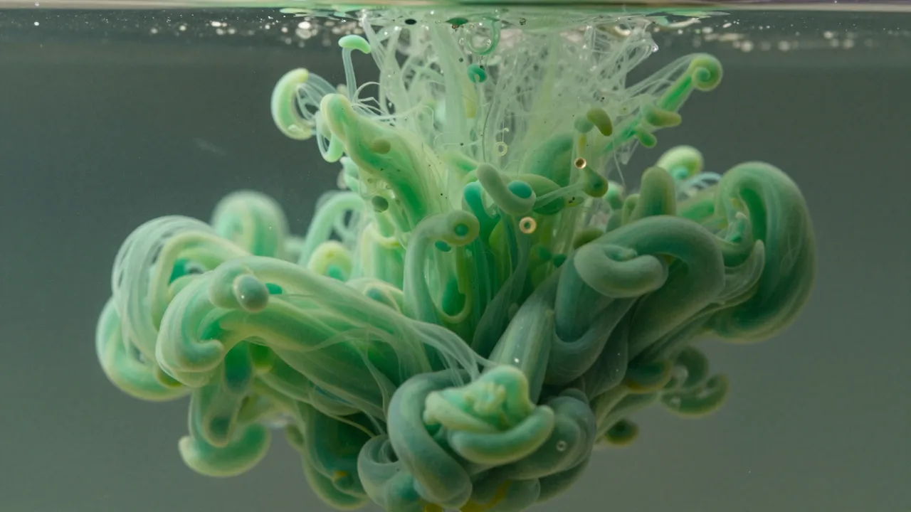 Swirling curling green ink tendrils spread through clear still water below the water surface