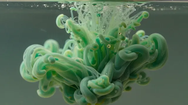 Swirling curling green ink tendrils spread through clear still water below the water surface