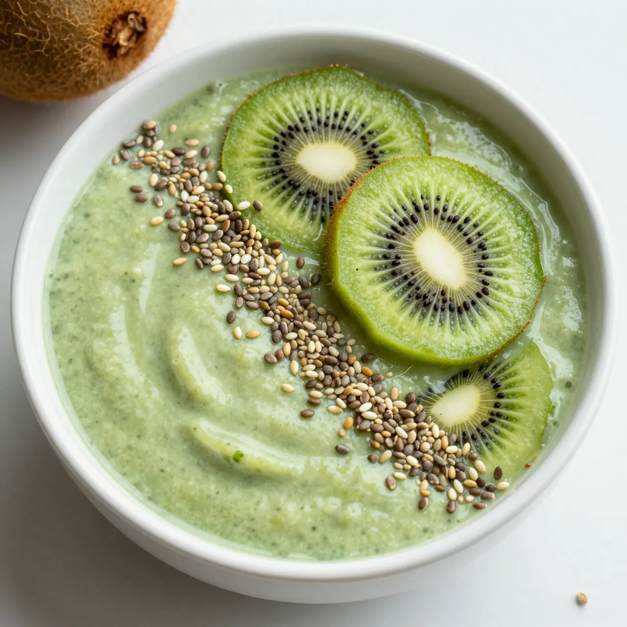 Top view of a green smoothie bowl topped with kiwi slices, mixed seeds, and a whole kiwi corner piece on a white surface