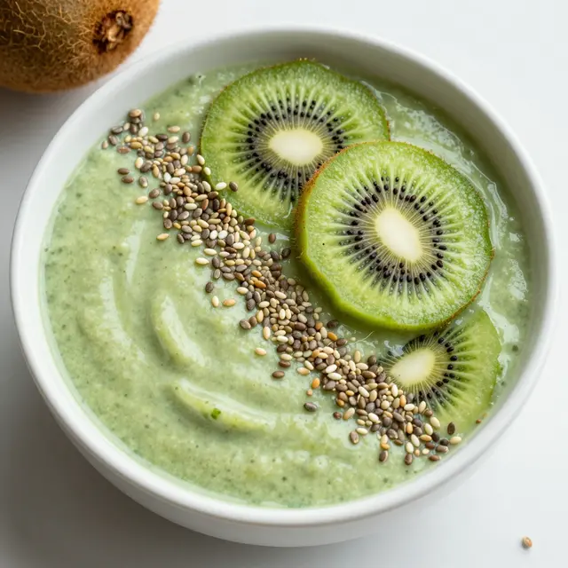 Top view of a green smoothie bowl topped with kiwi slices, mixed seeds, and a whole kiwi corner piece on a white surface