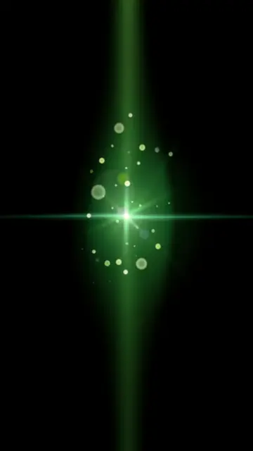 Vertical green lens flare with scattered bokeh orbs centered on a pure black background