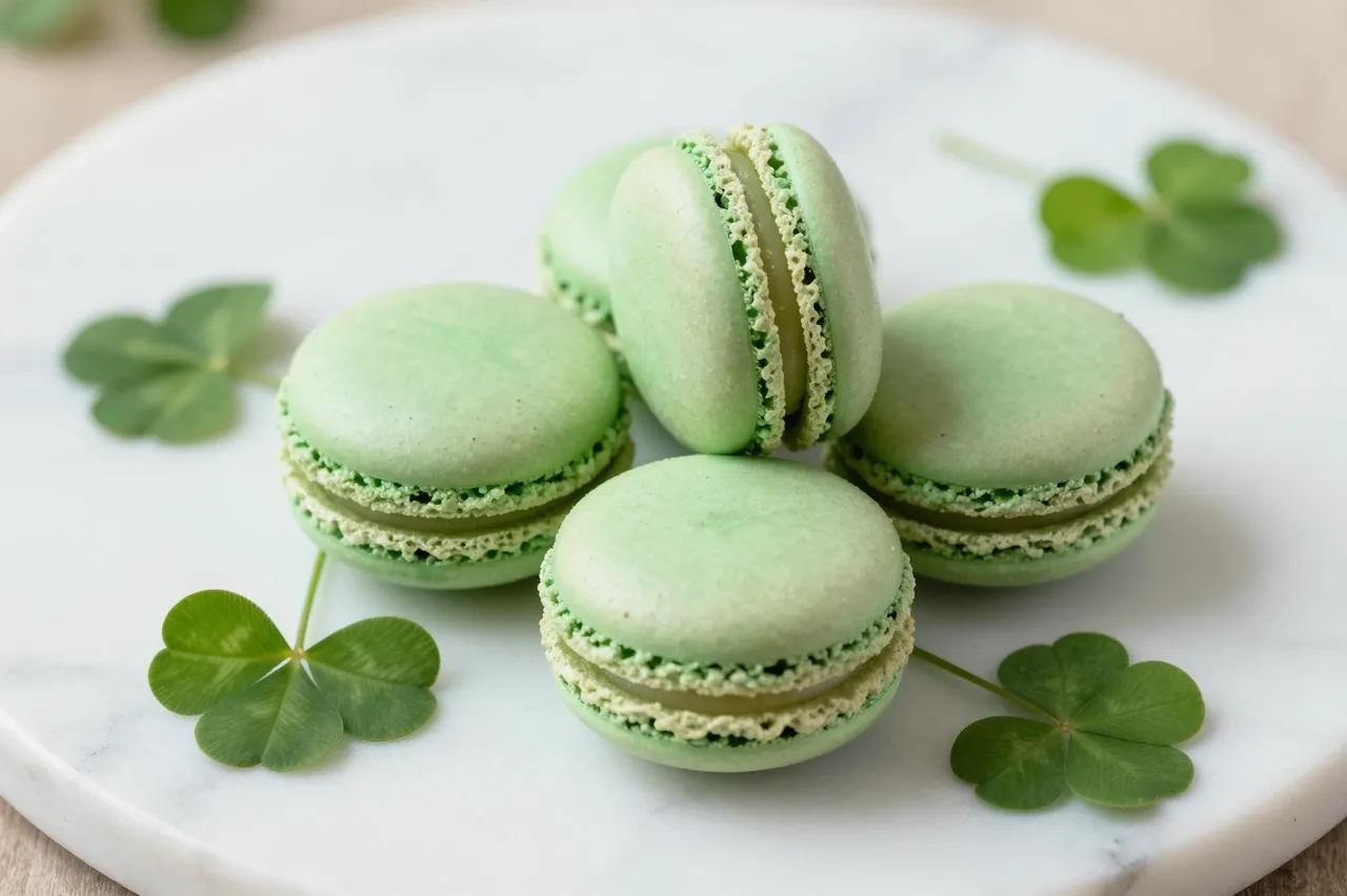 Light green macarons arranged with fresh clover on a white marble platter