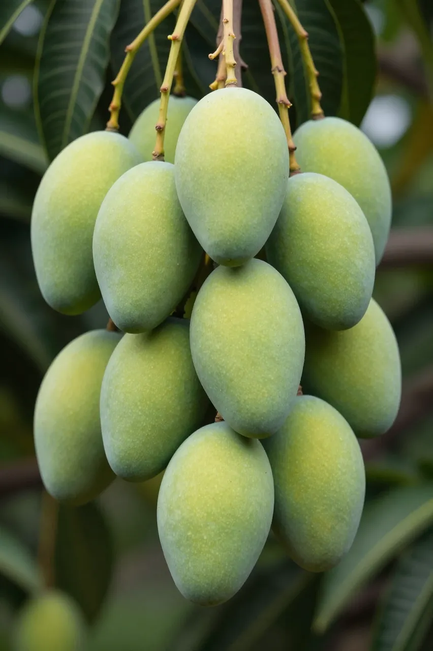 Cluster of unripe green mangoes hangs from tree stems against soft blurred foliage