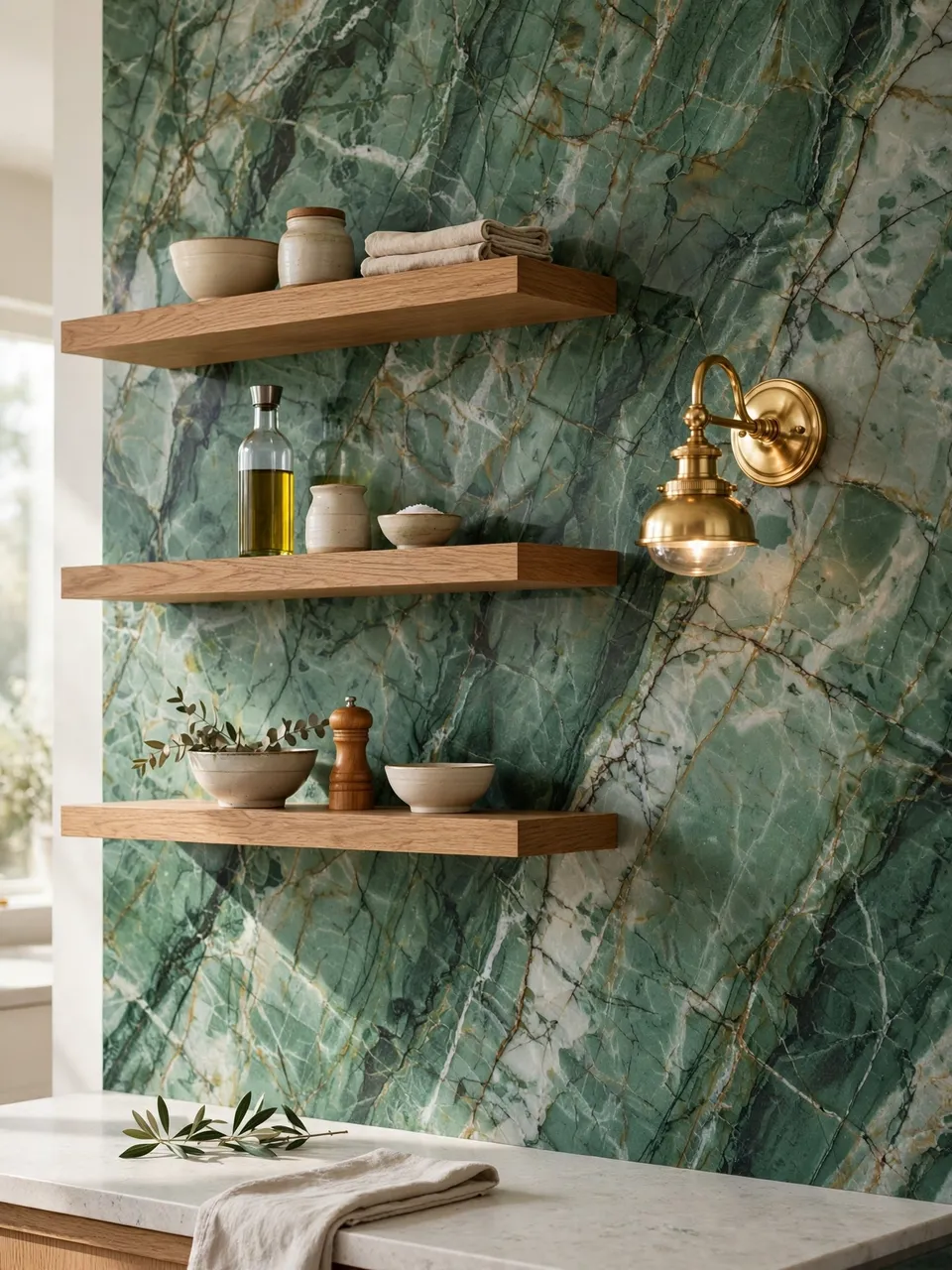 Floating oak shelves with kitchen items mounted on a veined green marble backsplash beside a brass wall sconce