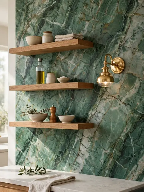 Floating oak shelves with kitchen items mounted on a veined green marble backsplash beside a brass wall sconce