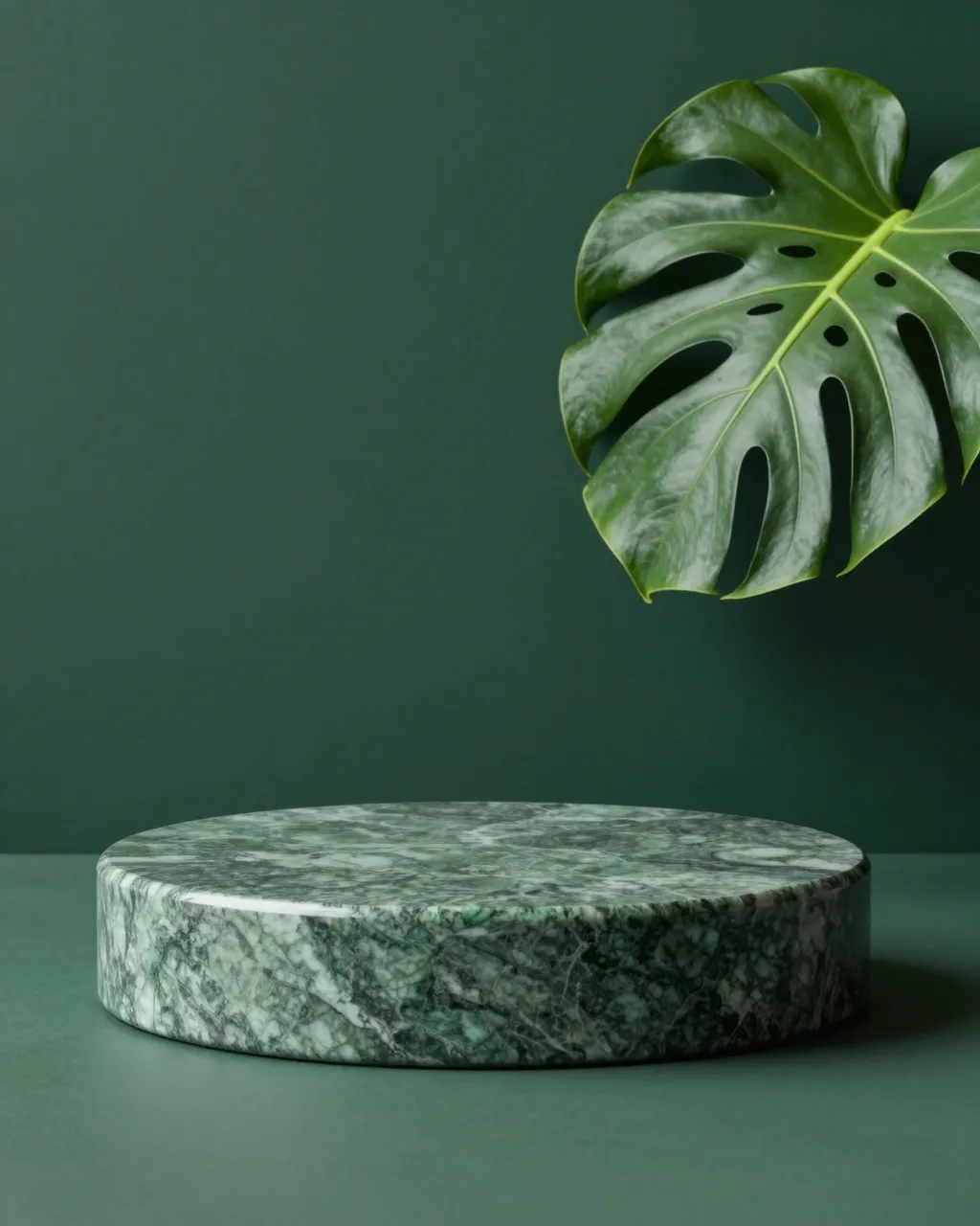 Round green marble product podium with a monstera leaf against a solid dark green backdrop
