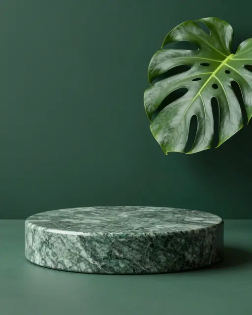 Round green marble product podium with a monstera leaf against a solid dark green backdrop