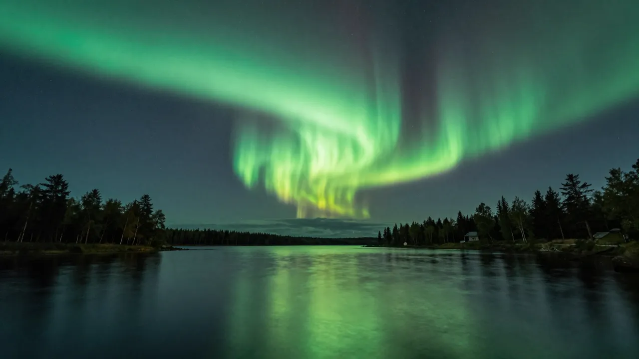 Bright green aurora borealis arcs across a dark night sky, reflected in a still forest-fringed lake