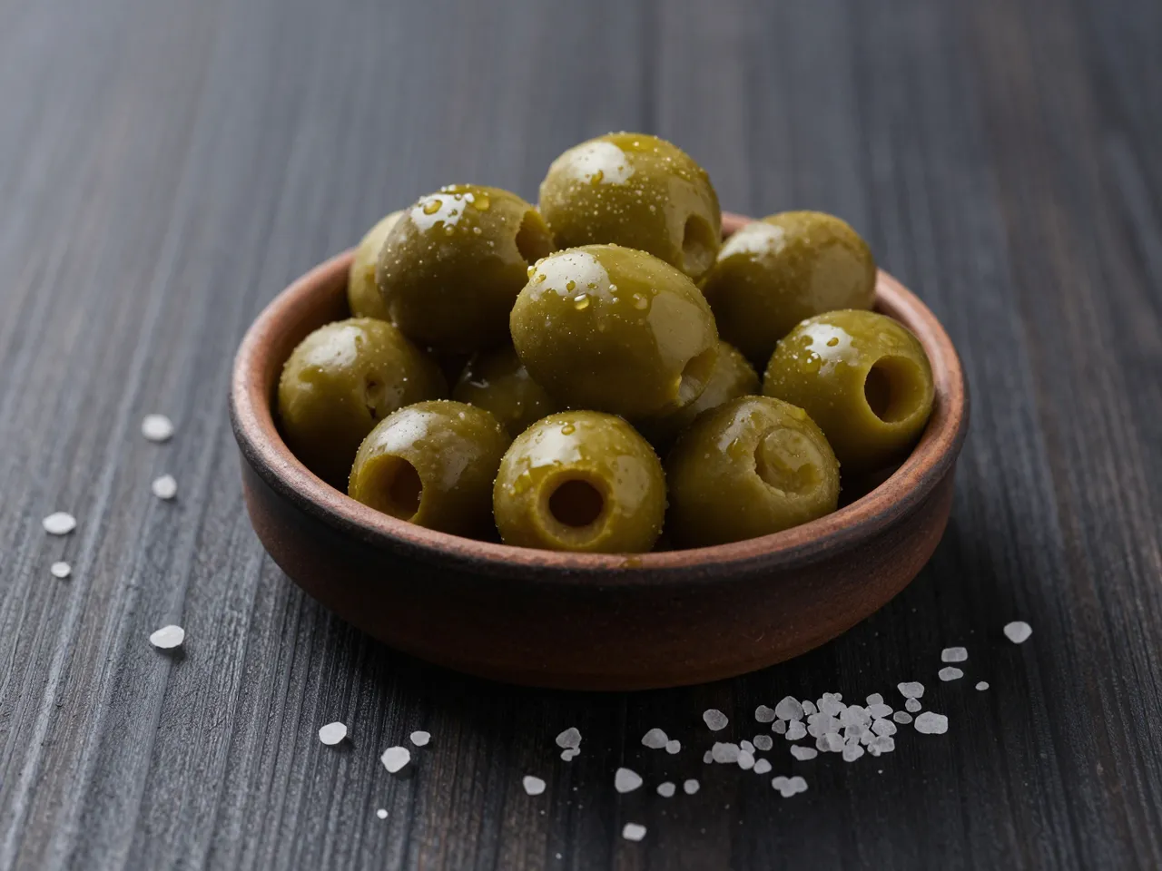Pitted green olives sit in a small clay bowl with scattered sea salt on dark wood
