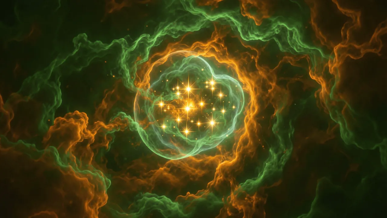 Glowing green and orange cosmic nebula surrounds a bubble of bright young central stars