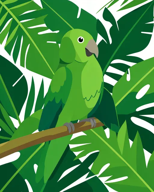 Flat vector green parrot perched on a branch surrounded by monstera tropical leaves against a white background