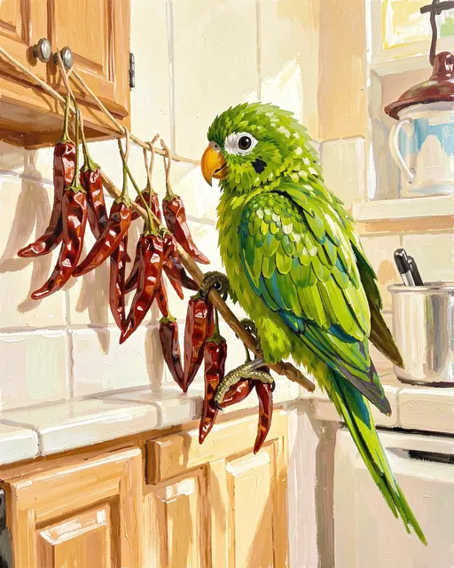 A gouache painting of a bright green parrot perched beside hanging dried chilis in a sunlit kitchen