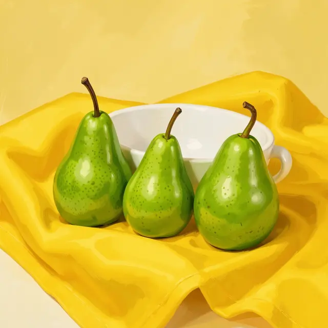 Three green pears sit in front of a white bowl on a folded bright yellow cloth
