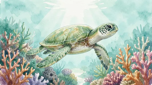 Watercolor green sea turtle swims over a vibrant coral reef with sunbeams filtering through turquoise water