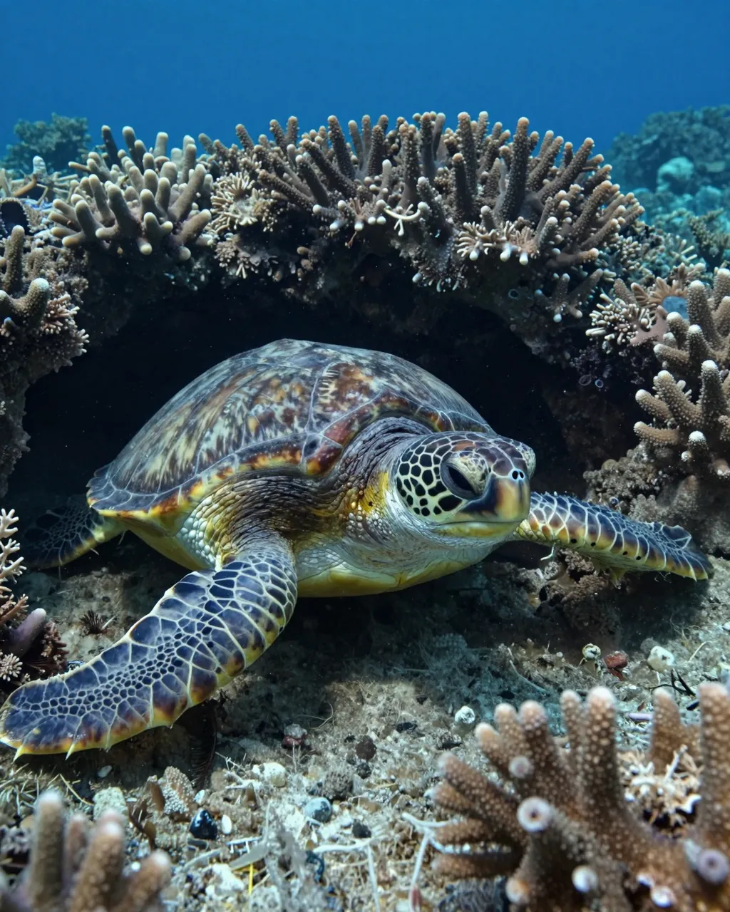 A green sea turtle rests framed by stony coral under deep blue ocean water