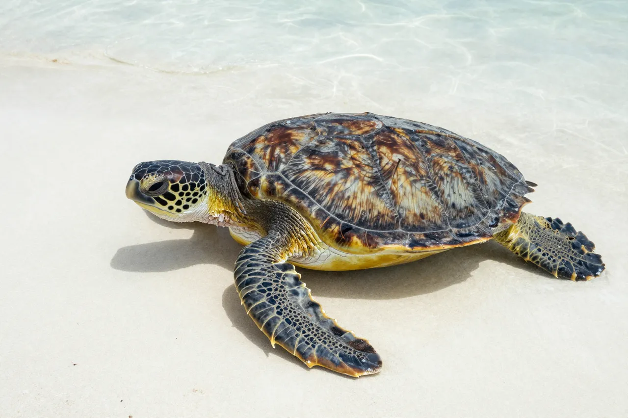 A top-down view of a green sea turtle resting on pale white sand under clear shallow ocean water.