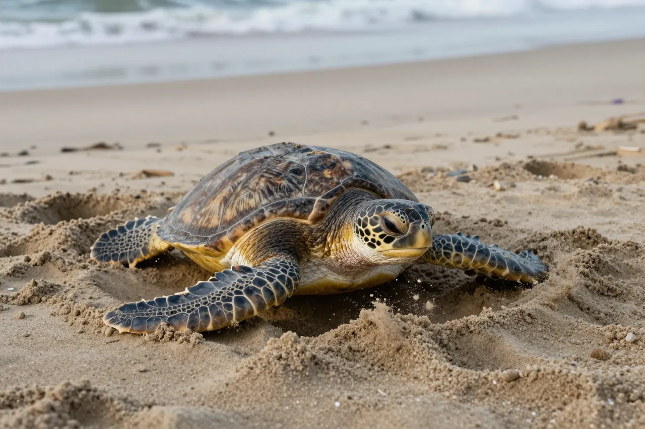 Green sea turtle digging a nest in soft sand on a quiet beach at dusk with gentle ocean waves in the background
