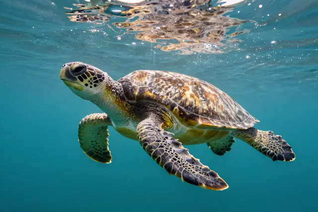 A green sea turtle swims through clear turquoise ocean water near the sunlit surface.