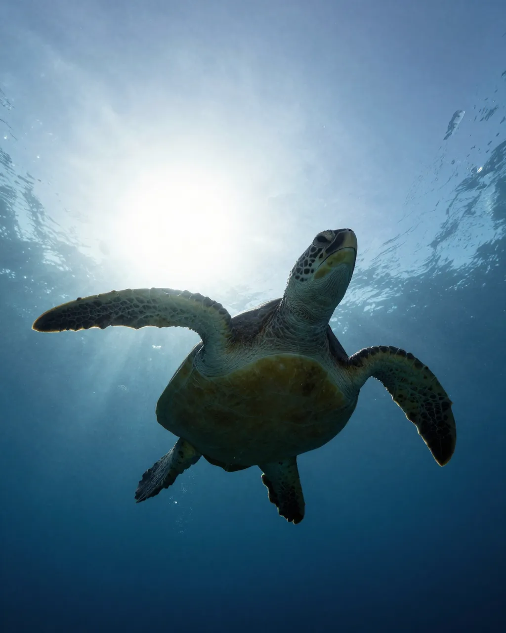 A green sea turtle swims upward toward the sunlit ocean surface viewed from below