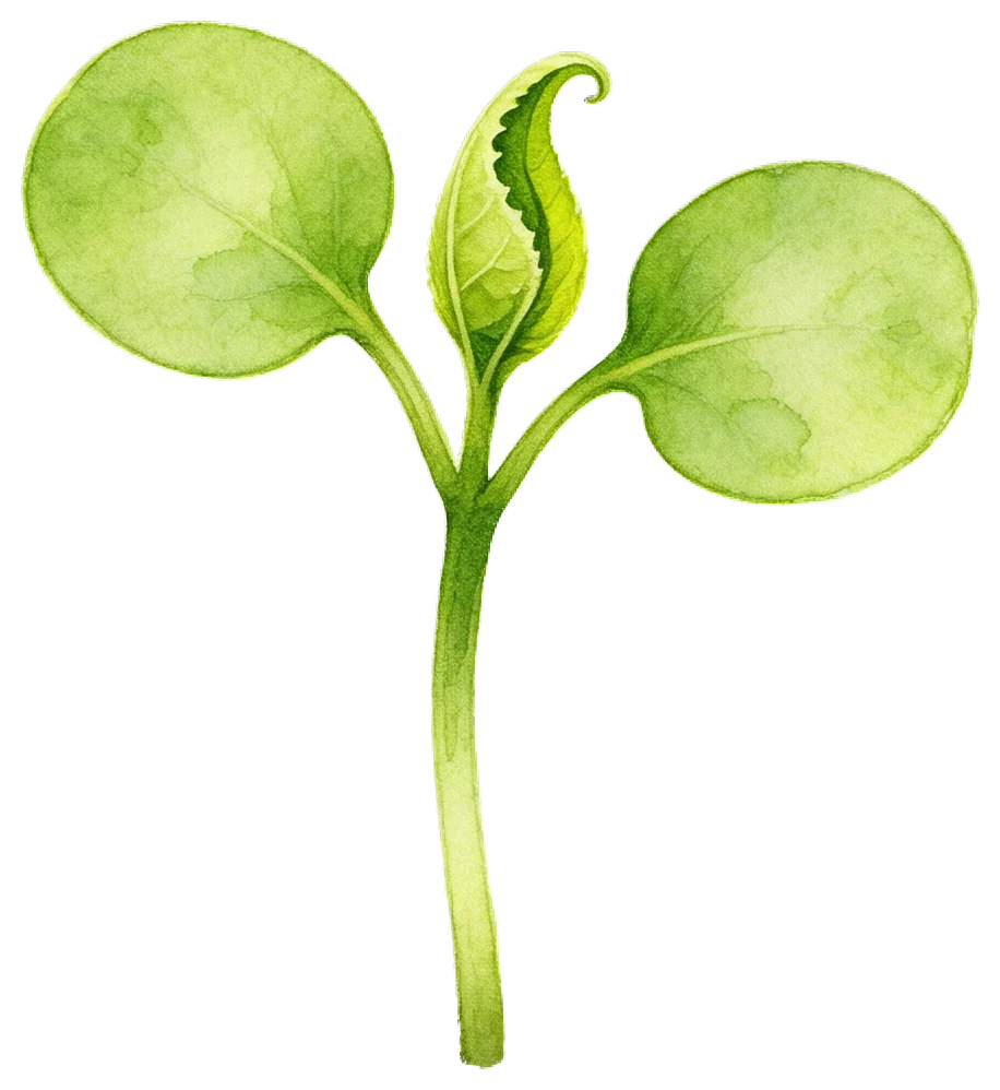 Delicate watercolor seedling with two round leaves and an unfurling third leaf