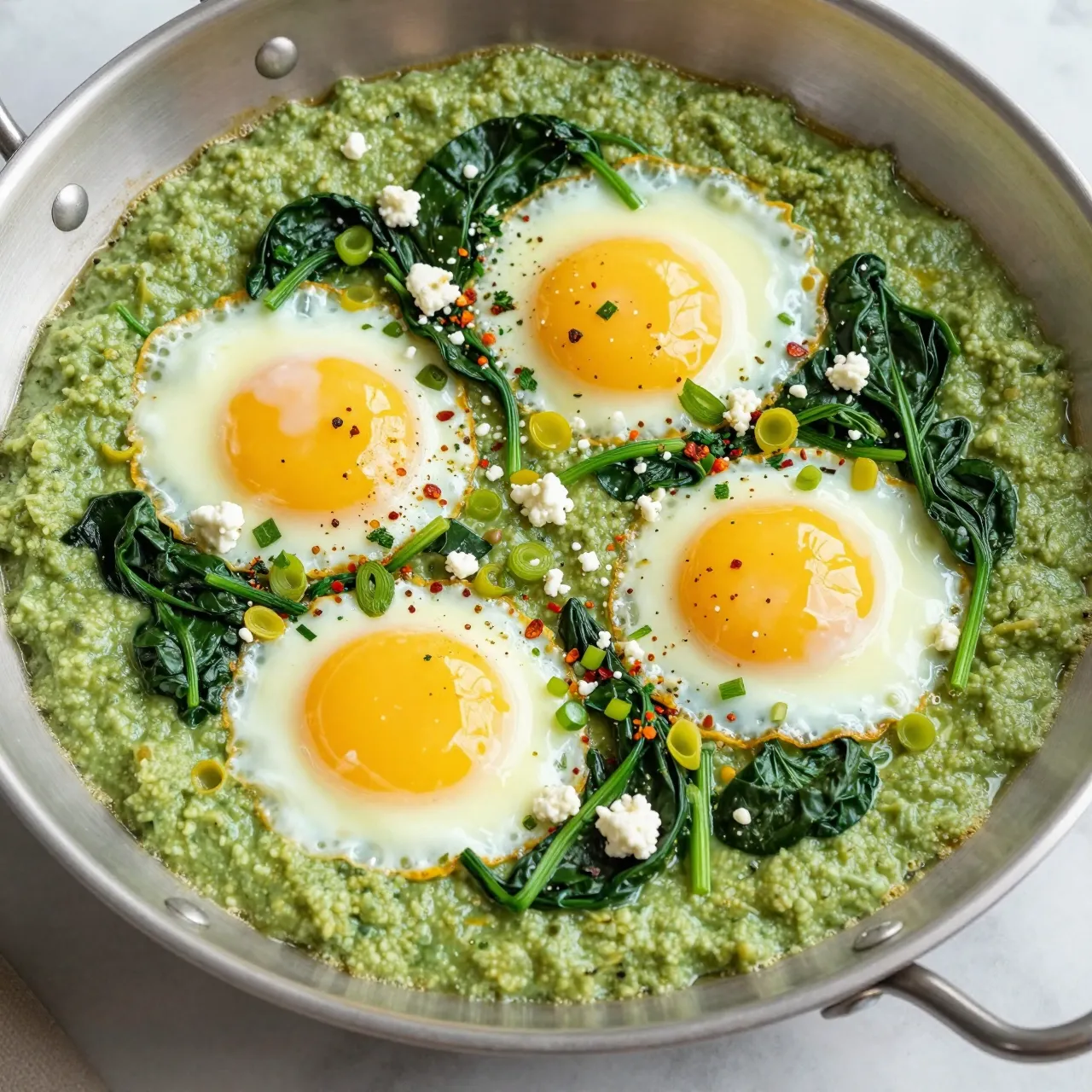 Overhead view of green shakshuka with baked eggs, spinach, feta and seasoning in a stainless steel pan