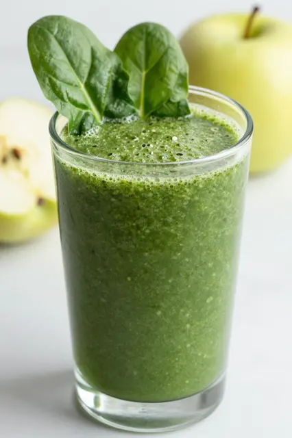 Tall glass of frothy green smoothie garnished with spinach, with whole and halved apple in the soft focus background.