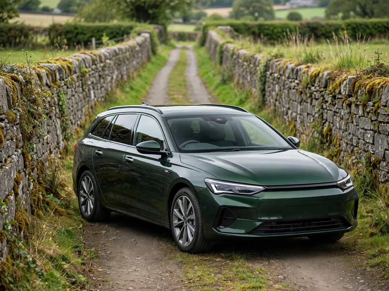 Dark green modern station wagon parked between mossy stone walls on a narrow rural country lane