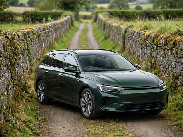 Dark green modern station wagon parked between mossy stone walls on a narrow rural country lane