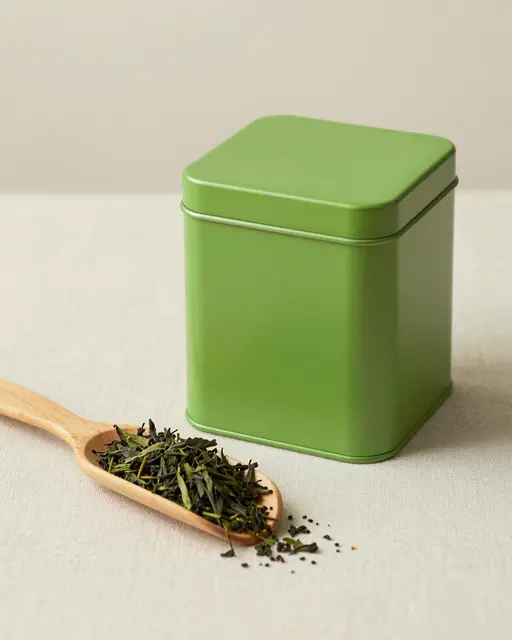 A matte green tea tin sits next to a wooden spoon holding loose leaf tea on linen fabric.
