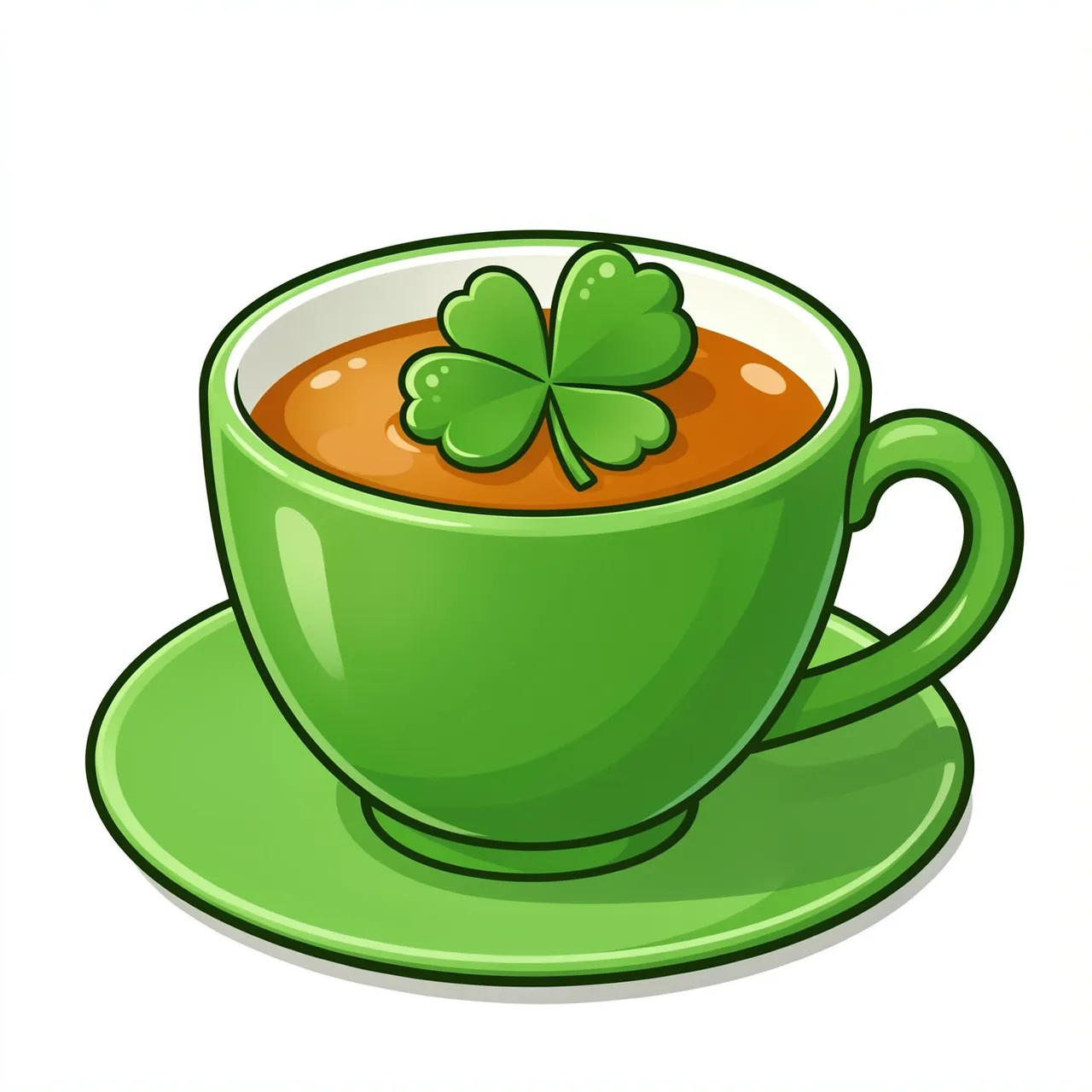 A kawaii cartoon green teacup on a saucer holds tea with a floating four-leaf shamrock.