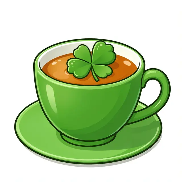 A kawaii cartoon green teacup on a saucer holds tea with a floating four-leaf shamrock.