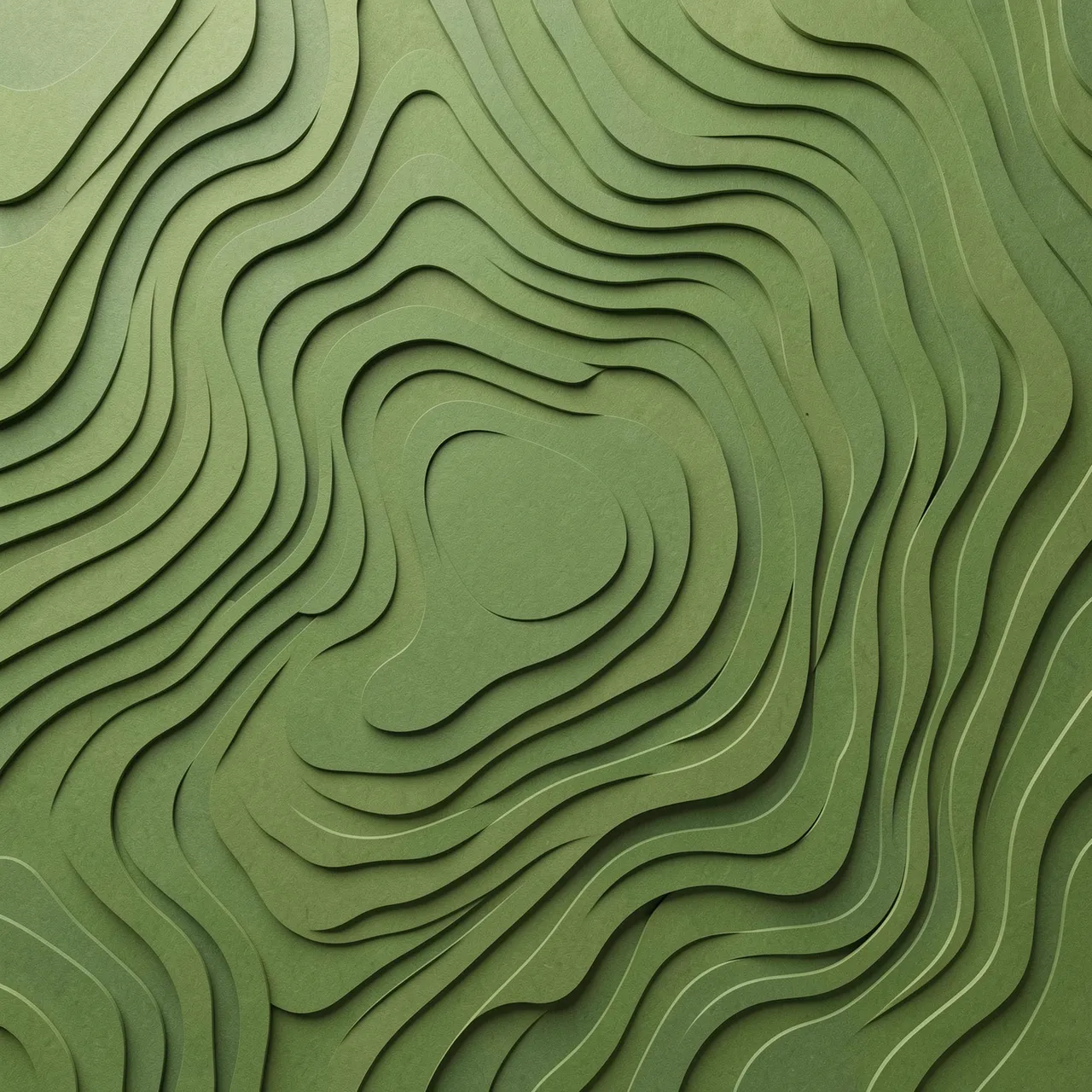 Layered paper cut topographic contour lines in varying sage and moss green shades with soft drop shadows