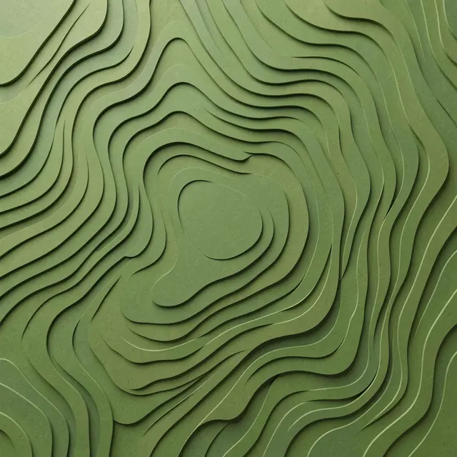 Layered paper cut topographic contour lines in varying sage and moss green shades with soft drop shadows