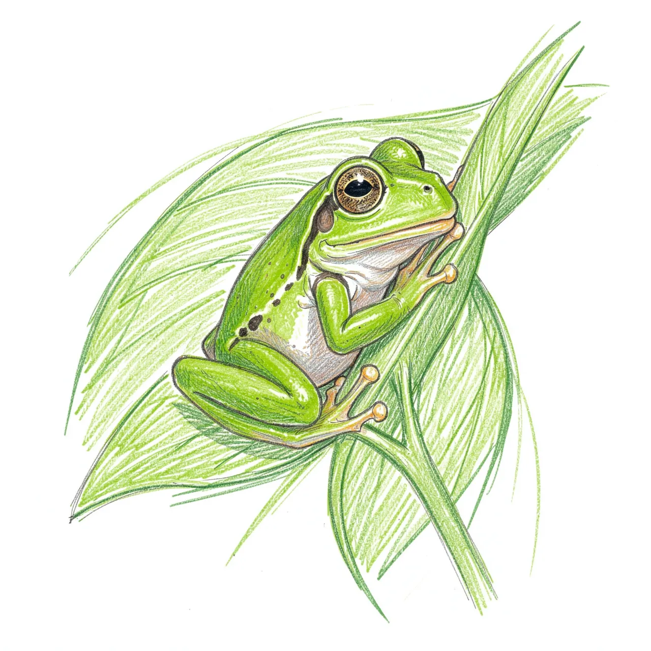 Colored pencil sketch of a green tree frog clinging to a leafy plant stem on white paper