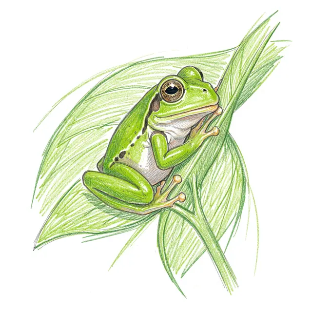 Colored pencil sketch of a green tree frog clinging to a leafy plant stem on white paper