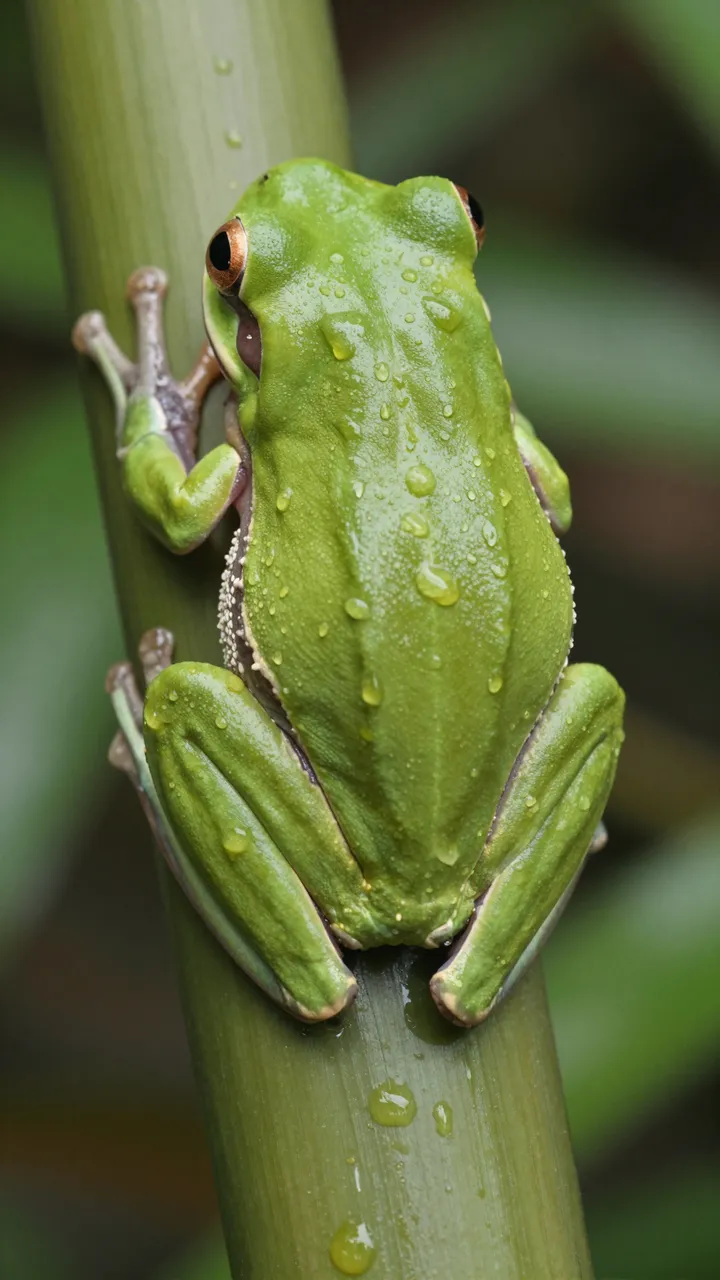 Lime green tree frog covered in rain droplets perches on a wet bamboo stalk against blurred foliage