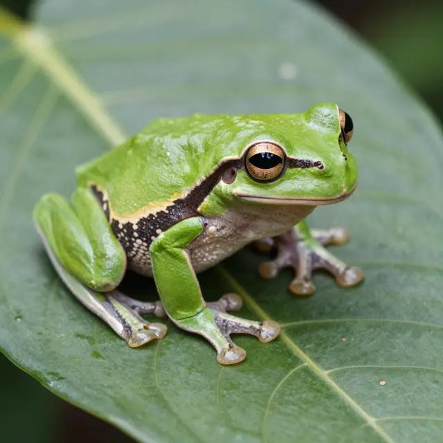A bright green tree frog rests perched on a large broad green leaf in close macro view.
