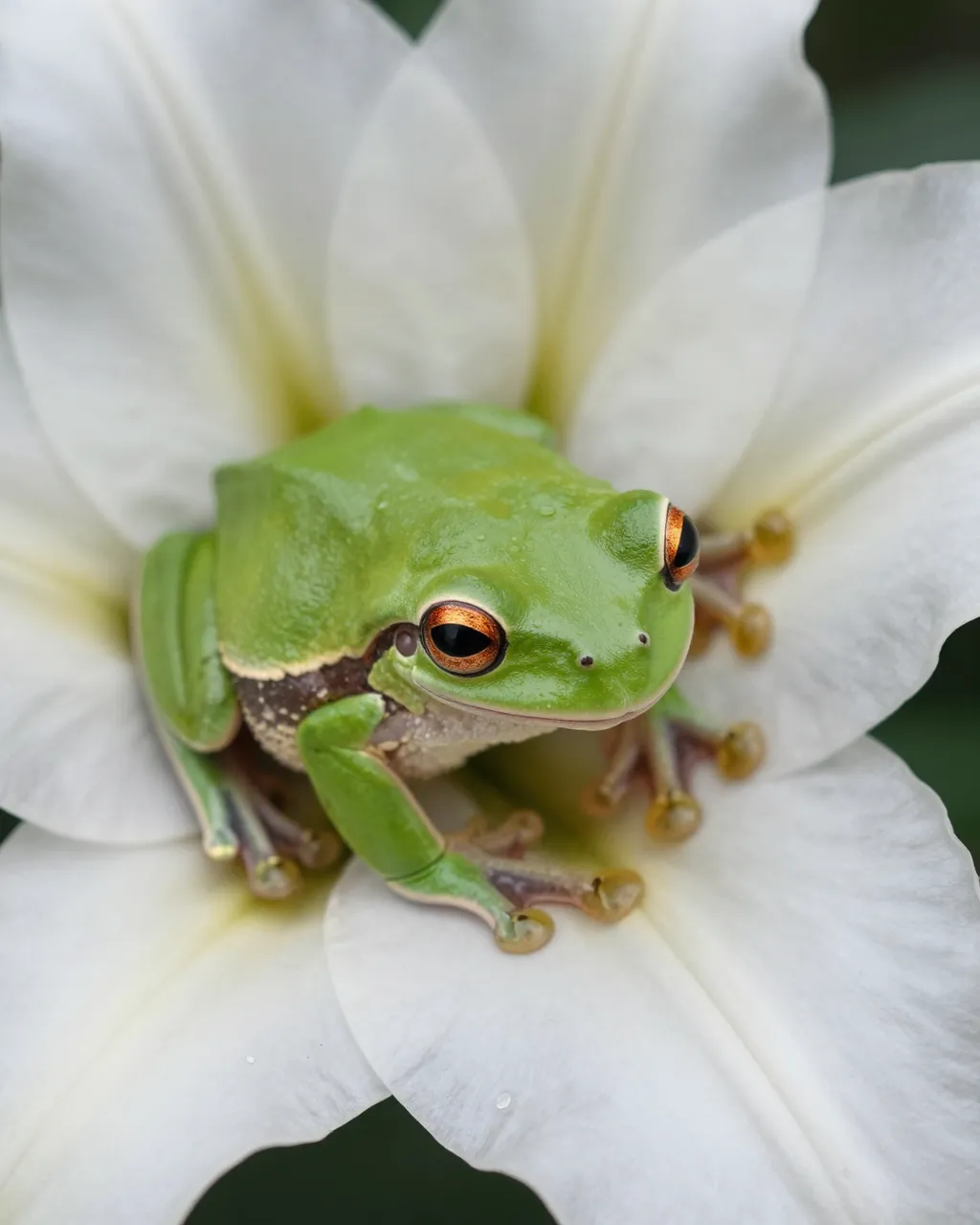 A bright green tree frog rests inside an open white lily flower, its sticky toe pads visible on the petals.