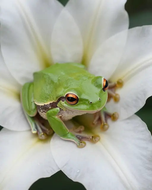 A bright green tree frog rests inside an open white lily flower, its sticky toe pads visible on the petals.