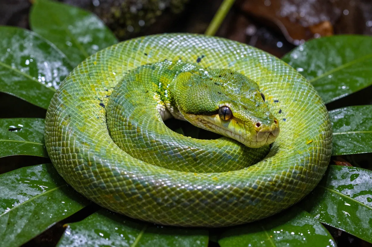 A bright green tree python rests in a neat coil on damp rainforest foliage after rain.