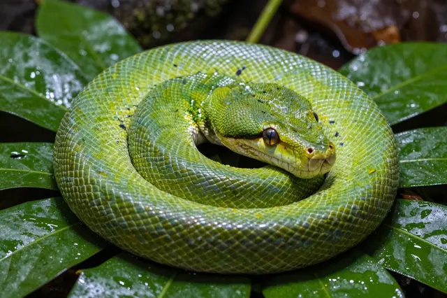 A bright green tree python rests in a neat coil on damp rainforest foliage after rain.