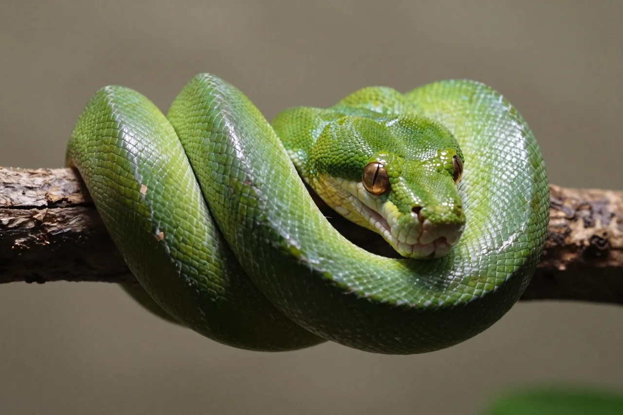 A vibrant green tree python coiled tightly around a wooden branch, facing the camera with amber eyes