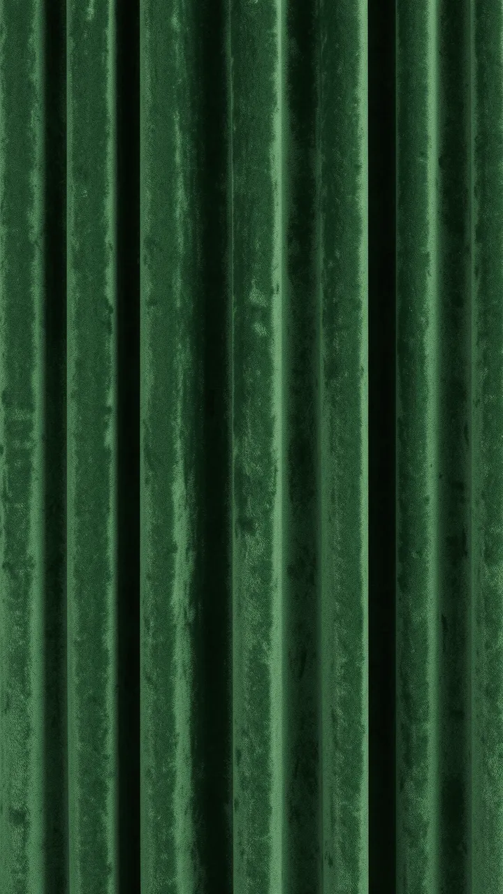 Close-up of pleated dark green velvet fabric with soft sheen and vertical folds