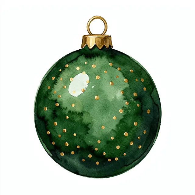 A round deep green watercolor Christmas bauble with gold dots and brass hanger on a plain white background